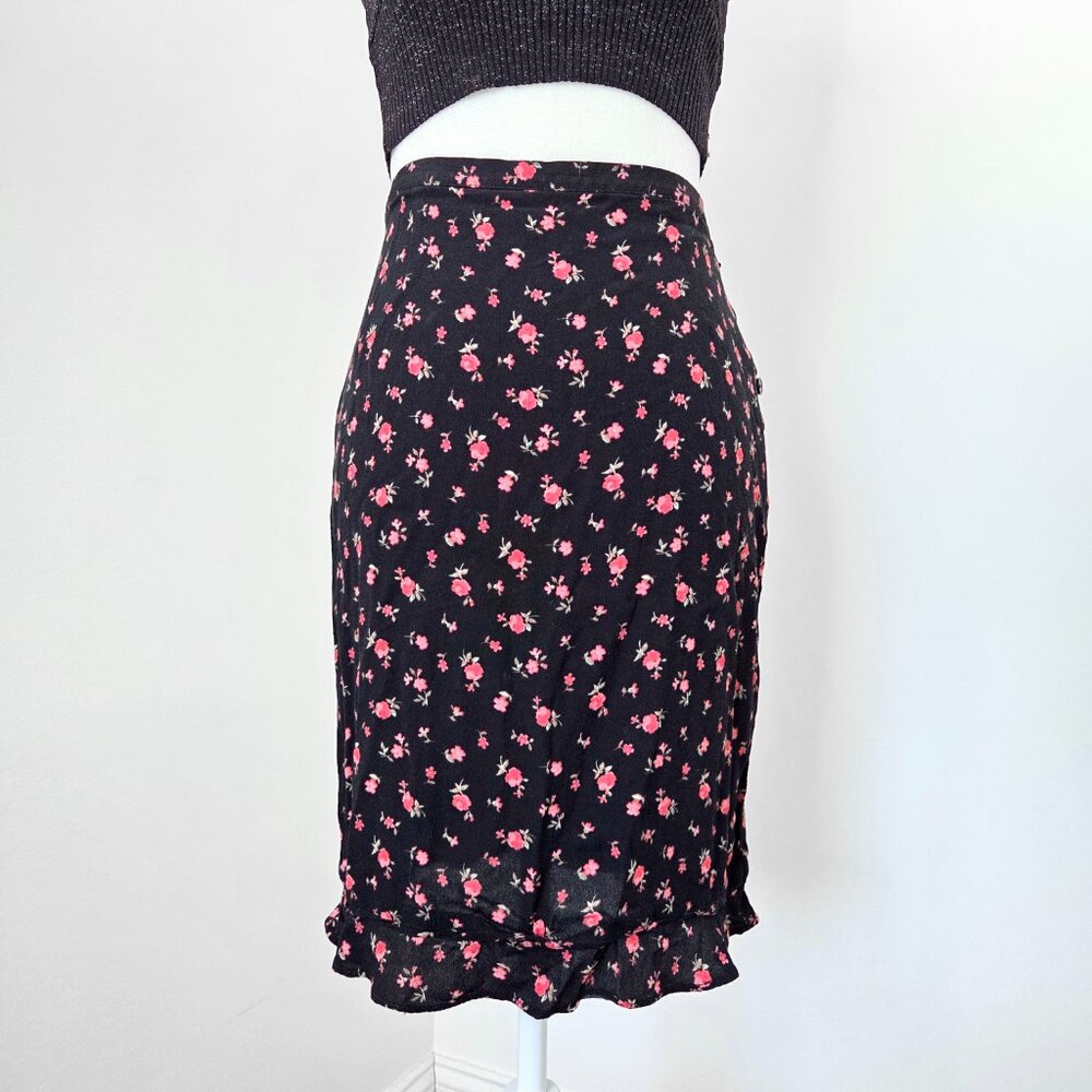Vtg 90s‎ Grunge Floral Button Skirt Size 6 Ruffle Rose Black Coquette Whimsigoth